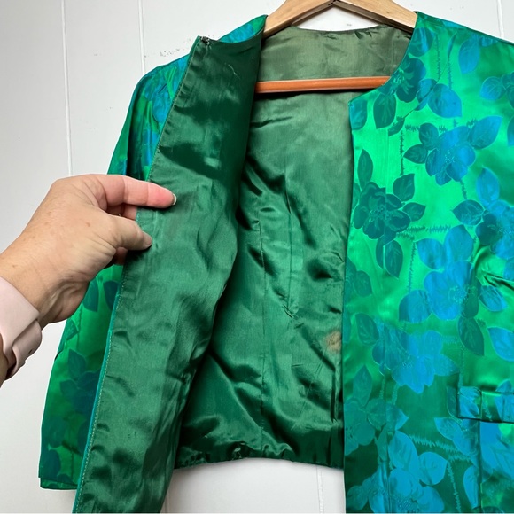 Vintage Floral Damask Green Blue 3/4 Sleeve Cropped Jacket Women’s Size XL - Picture 8 of 12